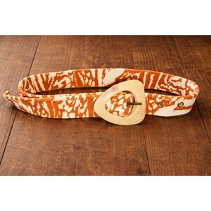 Vintage Abstract Print Fabric Belt Orange Cream ivory buckle Boho 22-28" stretch